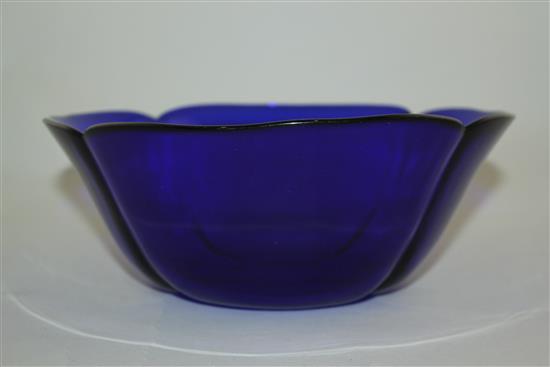 A Chinese Beijing blue glass quatre lobed bowl, 19th / 20th century, 28cm